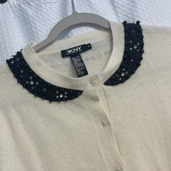 DKNY Sweaters - DKNY Wool Cashmere Blend Ivory Cardigan W/ Black Bead Rhinestone Collar Trim